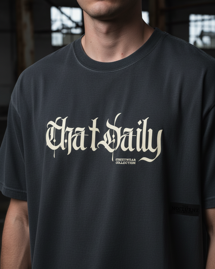 Charcoal tee close-up white model